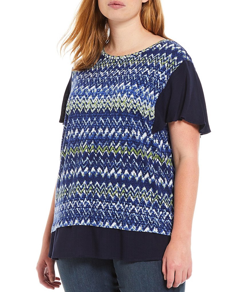 Westbound Plus Size Hazy Stripe Mixed Media Jewel Neck Flutter Short Sleeve Top