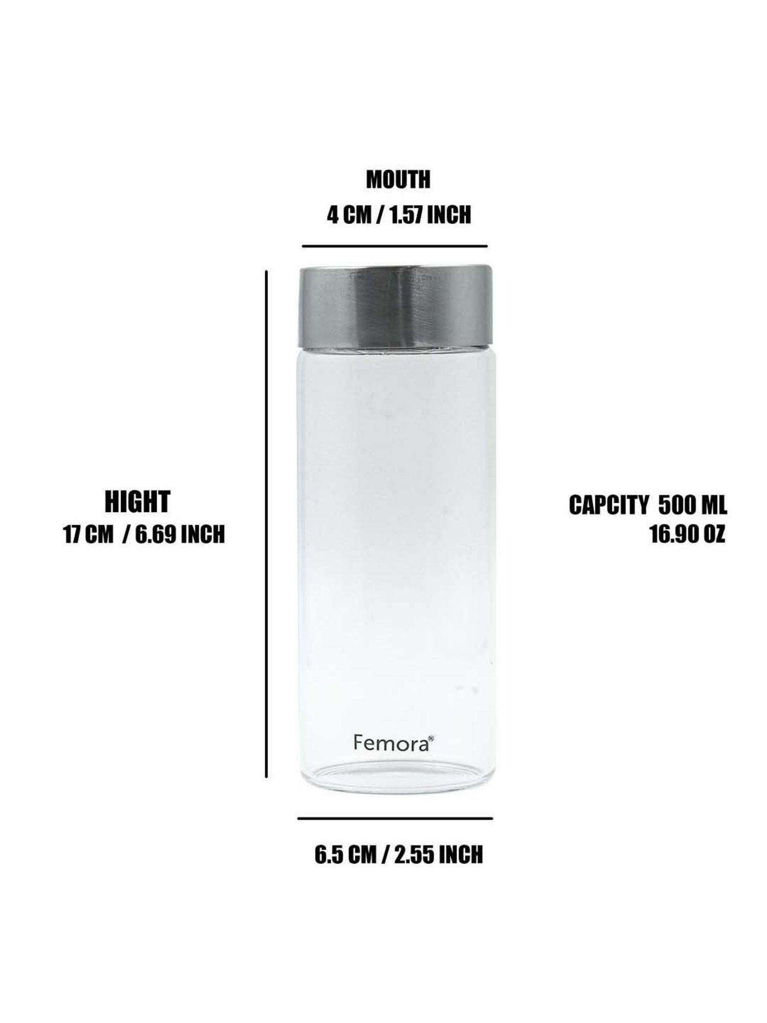 Femora Transprent Borosilicate Glass Water Bottle With Steel Lid (0.5 L) - Set of 4