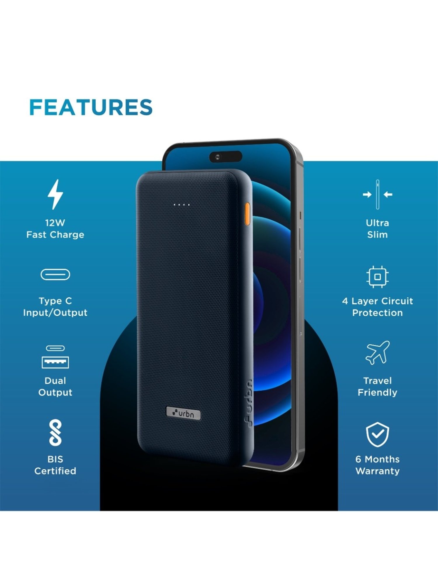 URBN 10000 mAh Ultra Slim 12W Power Bank with Type C Input-Output (Blue)