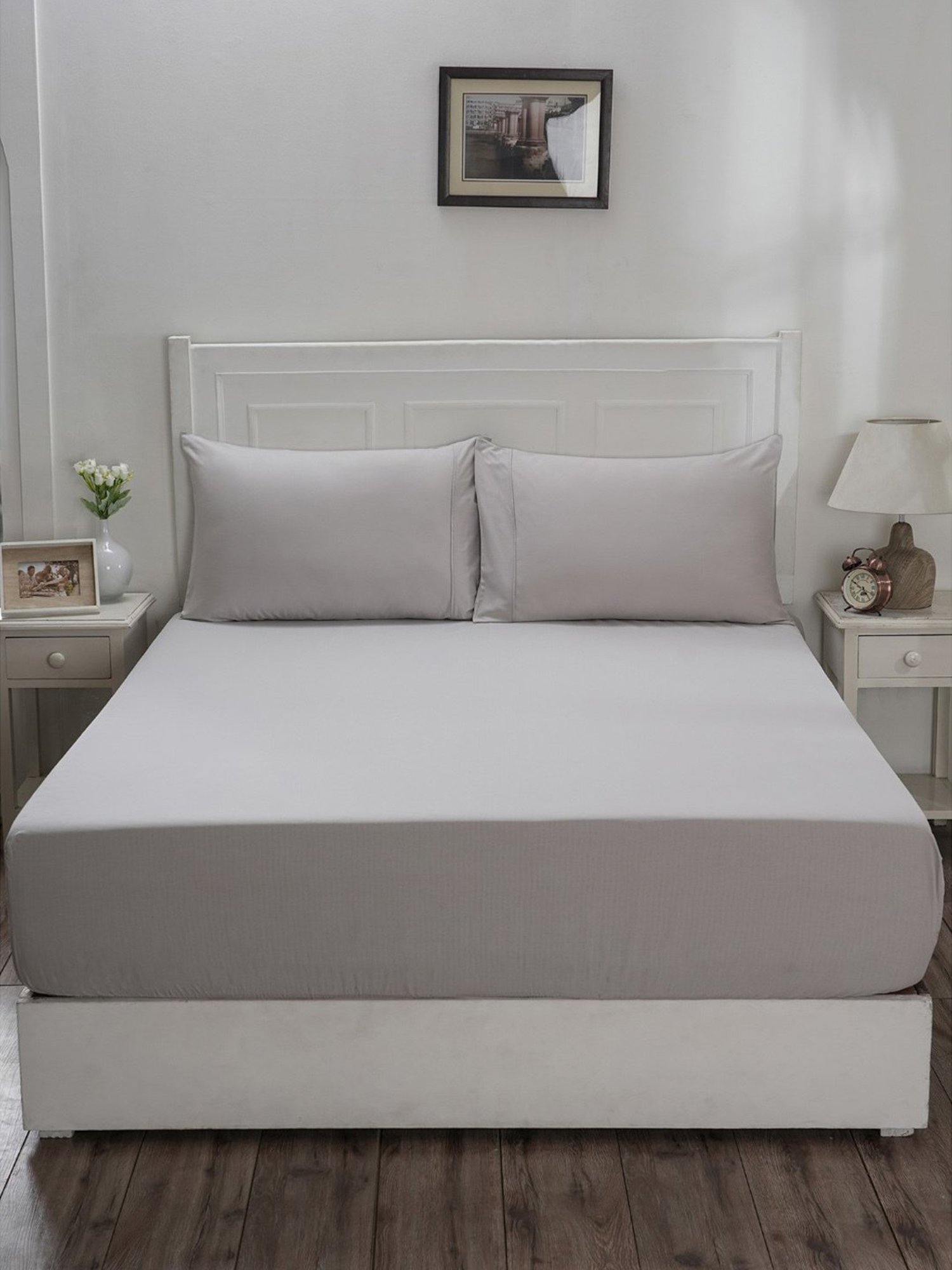 Maspar Colorart Eden Alloy Grey 144 TC Cotton Double Fitted Bed Sheet With 2 Pillow Covers