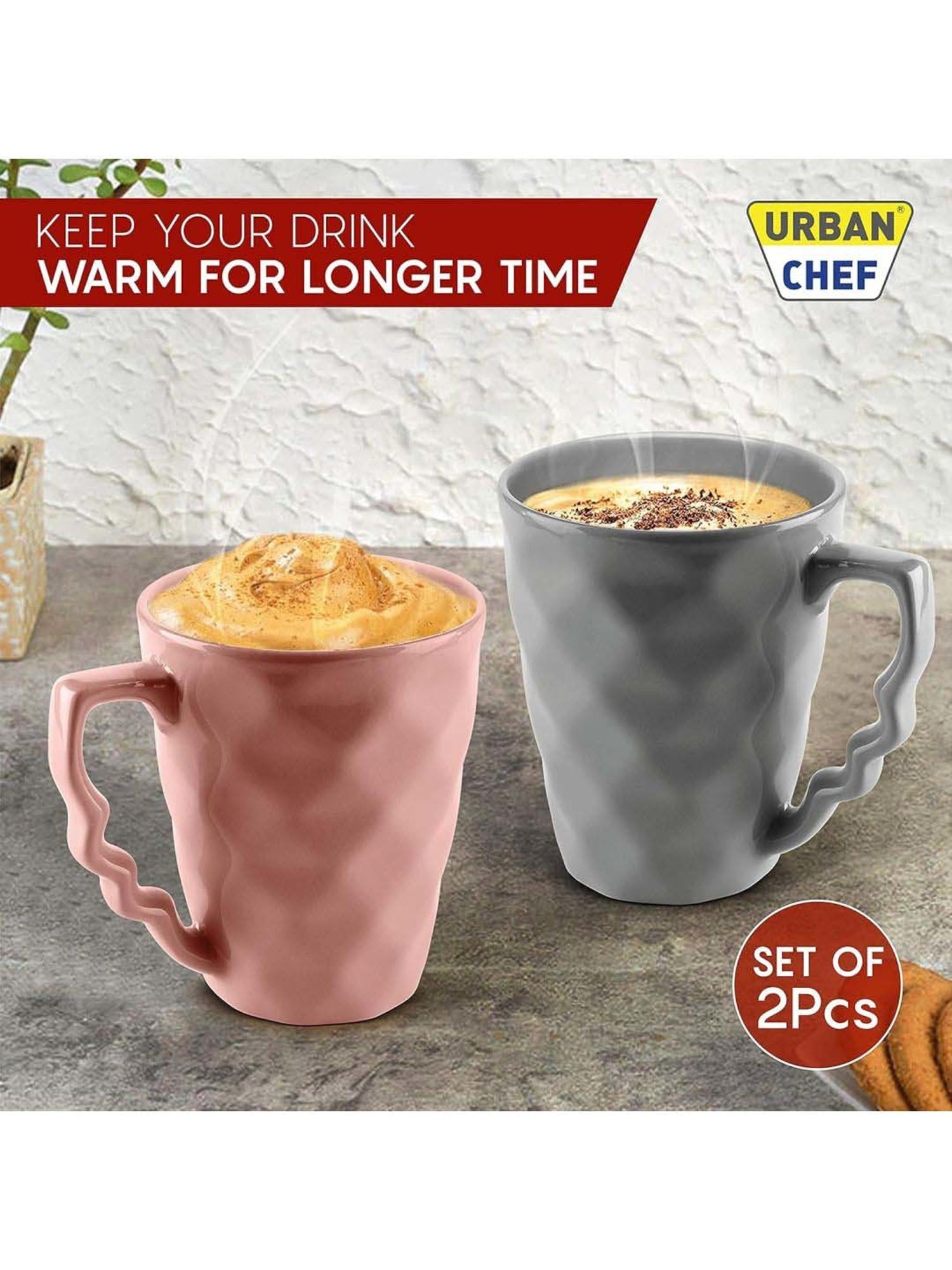 Urban Chef Pink & Grey Ceramic Microwave Safe Coffee Mug With Handle (0.225 L) - Set of 2