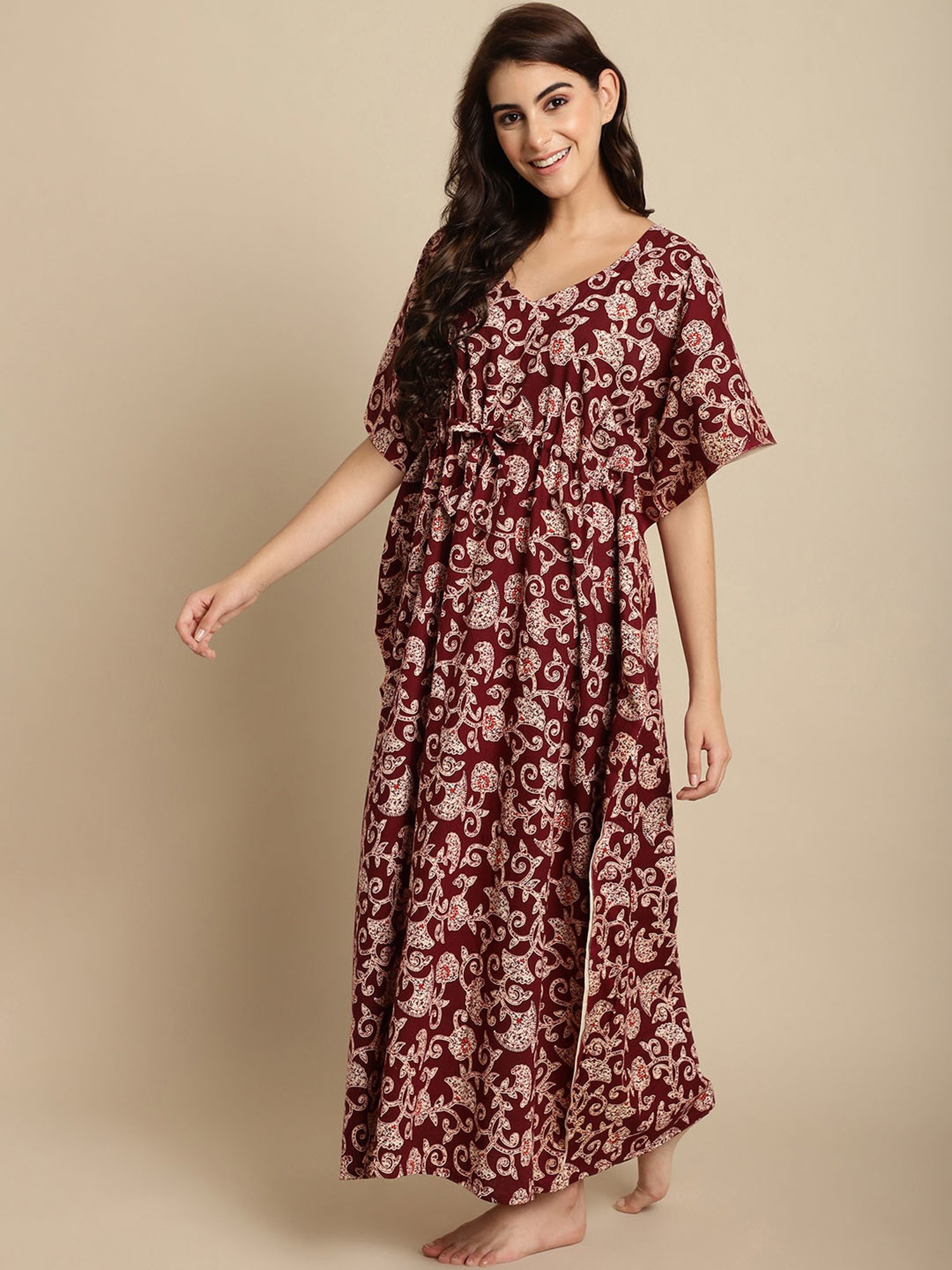 Secret Wish Maroon Floral Print Kaftan Nighty