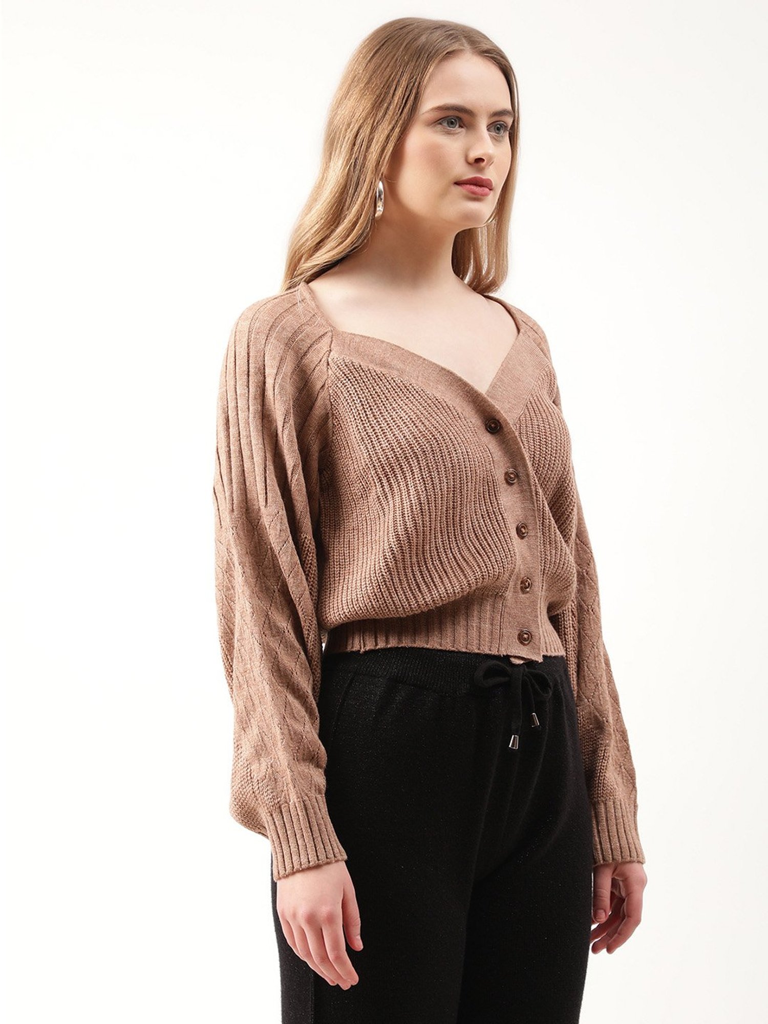 Rooted Dark Beige V Neck Cardigan