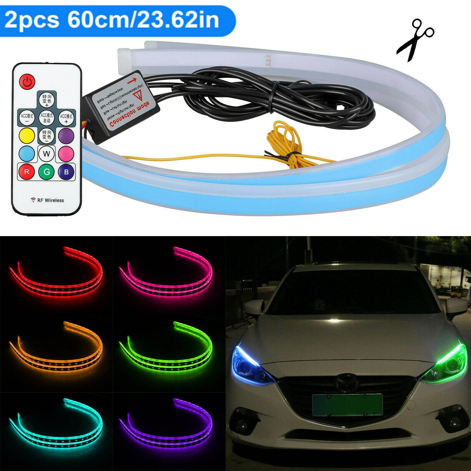2x 60cm Slim RGB Sequential Flexible LED DRL Turn Signal Strip Remote Headlight