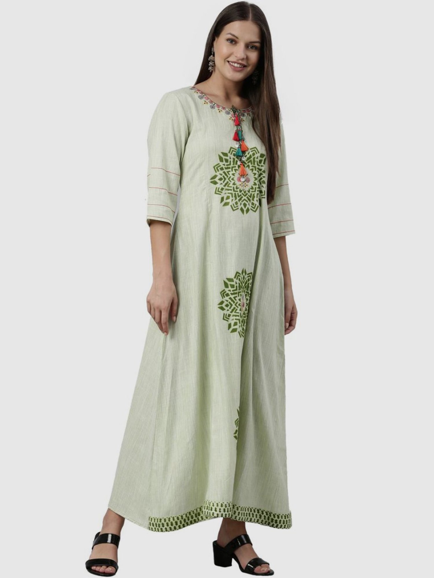 Neerus Pista Green Printed A Line Kurta