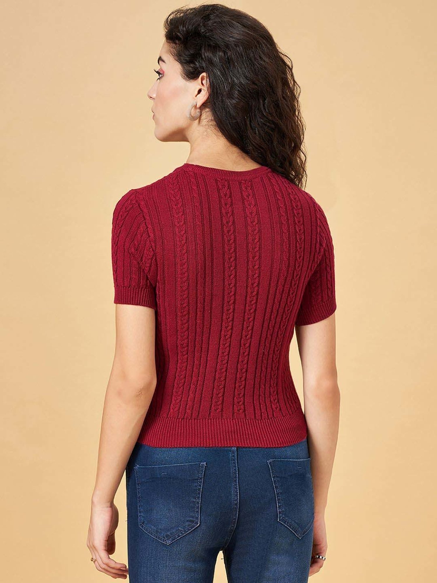 People by Pantaloons Maroon Cotton Self Pattern Top