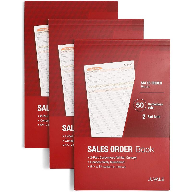 Pack of 3 Sales Order Book, 50-Set Carbonless Invoice per Book, 2 Part Form, for Issuing Invoices