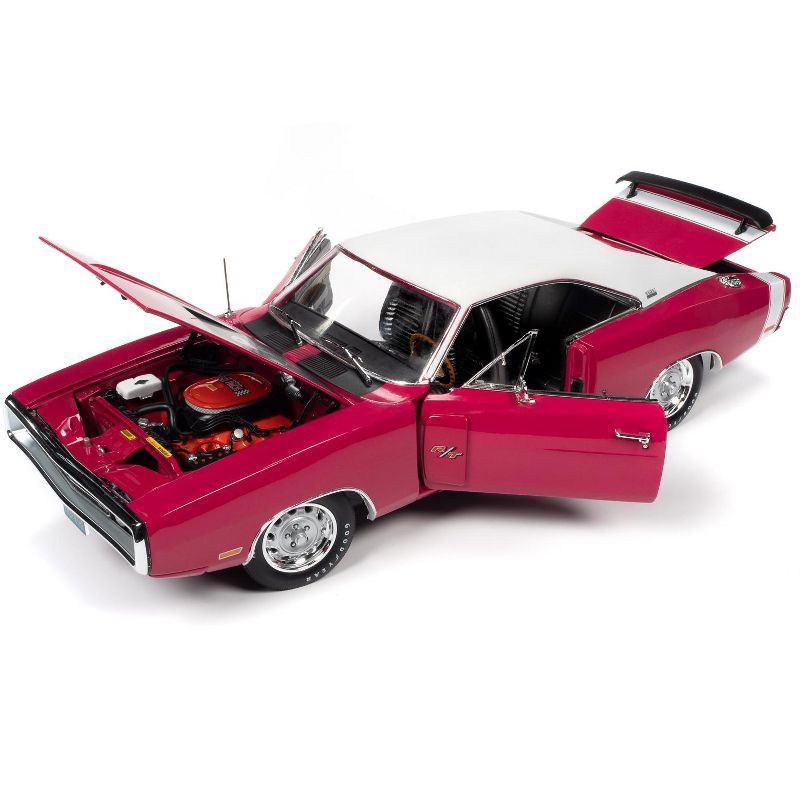 1970 Dodge Charger R/T SE 440 Hardtop Panther Pink with White Top and Stripe and Black Stripes "Class of 1970" 1/18 Diecast Model Car by Autoworld