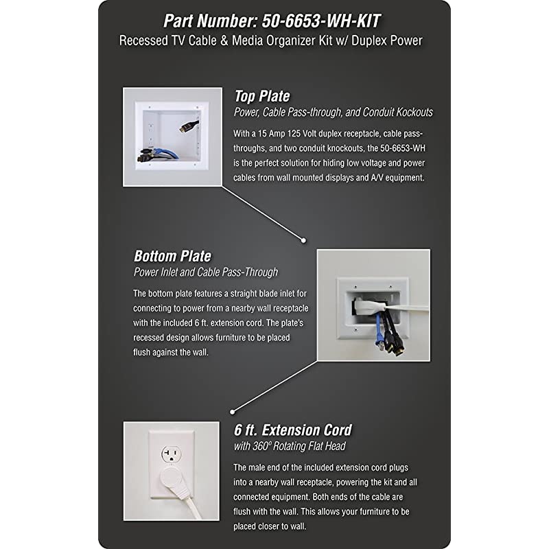 Electronics 506653WHKIT Recessed TV Cable amp Media Organizer Kit with Duplex Power Receptacle White