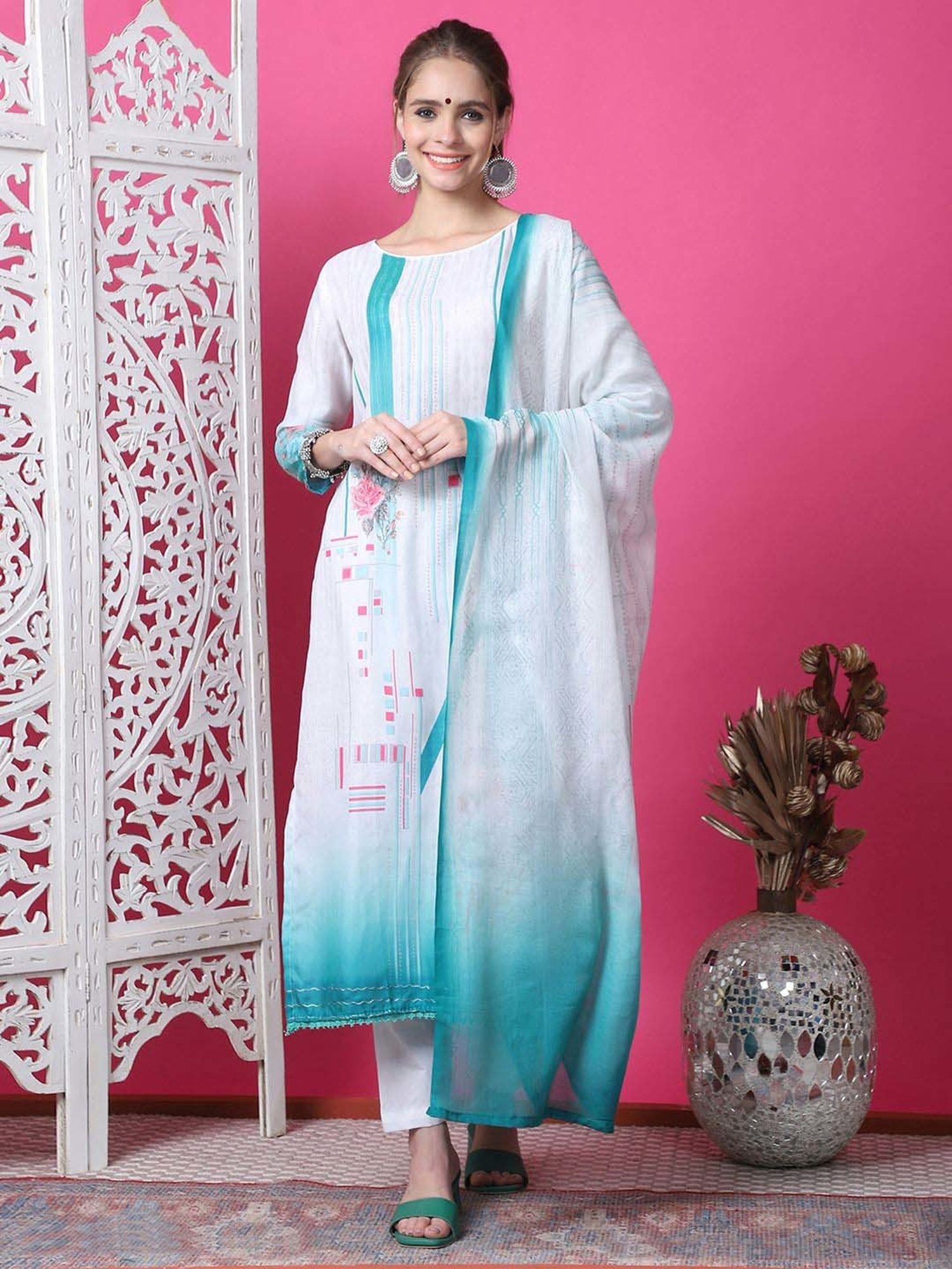 Stylee LIFESTYLE White & Blue Cotton Printed Unstitched Dress Material