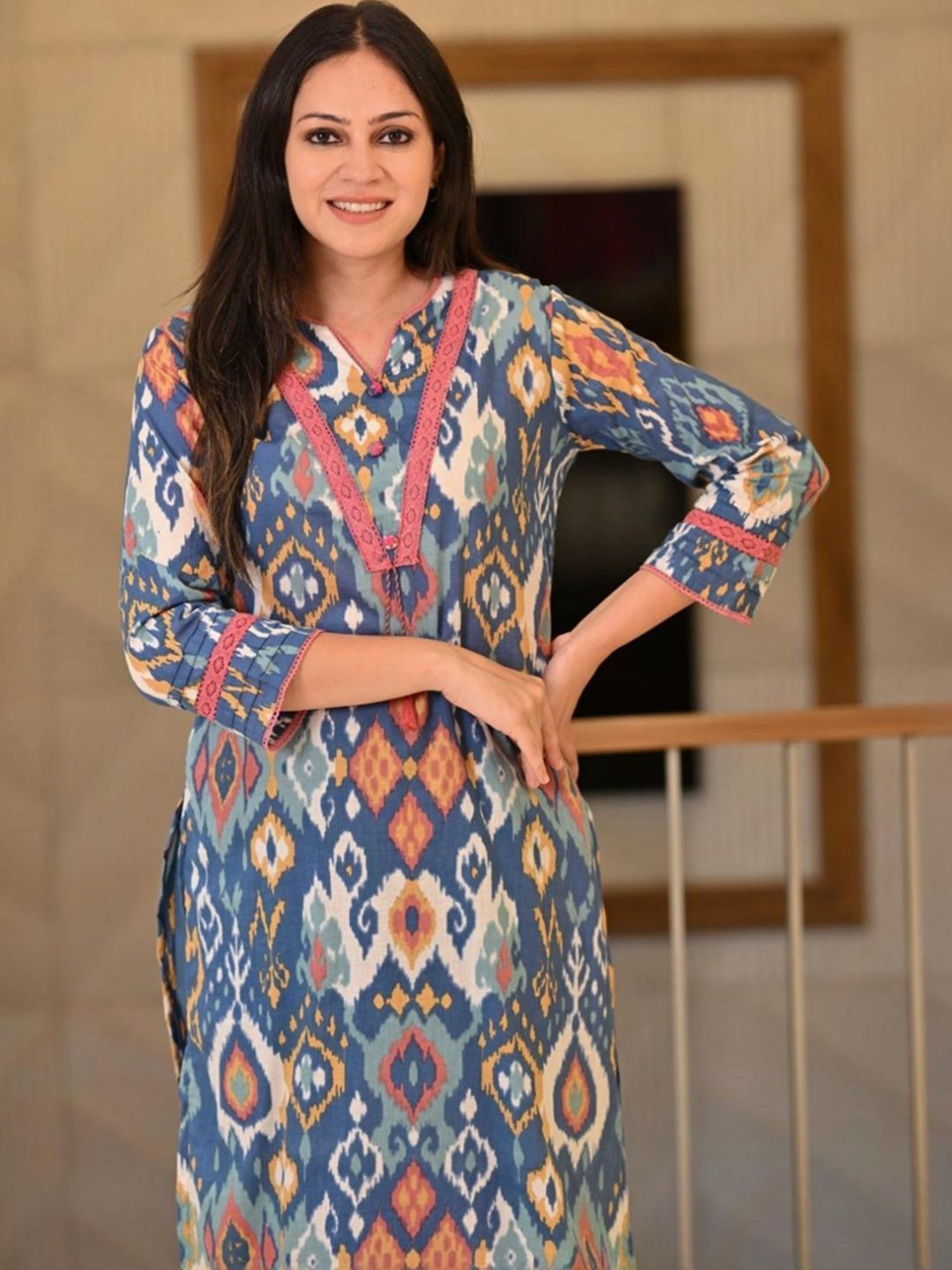 Mahee Jaipur Aegean Blue Ikkat Print Super Soft Cotton Kurta and Pant