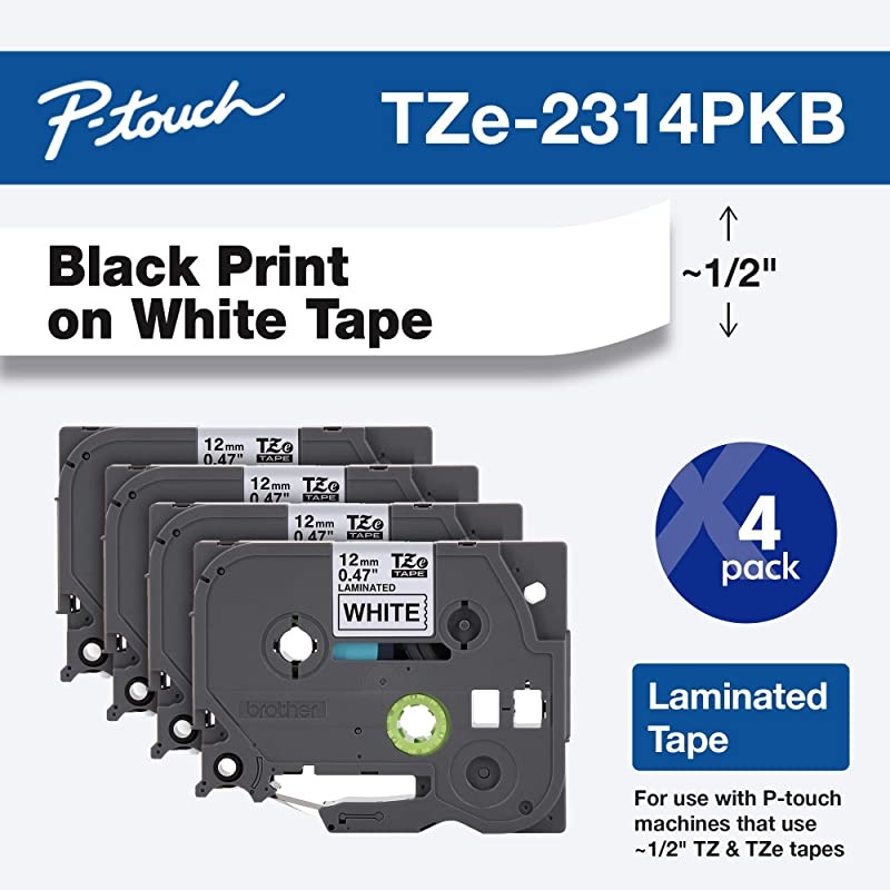 Genuine P-touch, TZe-231 4 Pack Tape (TZE2314PKB) .5&rdquo;(0.47&rdquo;) x 26.2 ft. (8m) 4-Pack Laminated P-Touch Tape, Black on White, Perfect for Indoor or Outdoor Use, Water Resistant, TZE2314PK, TZE231