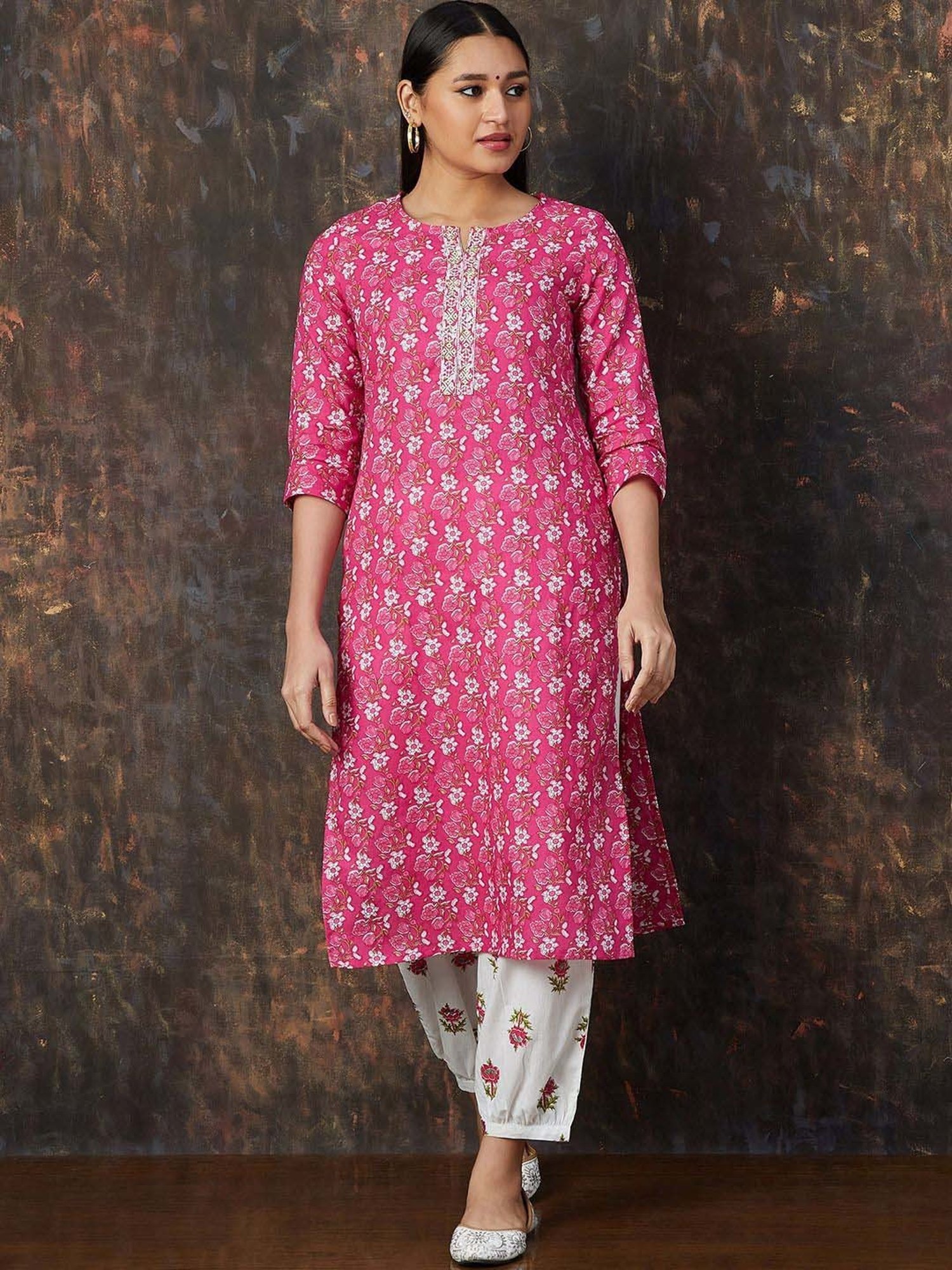 Melange by Lifestyle Pink & White Cotton Printed Kurta & Salwar Set