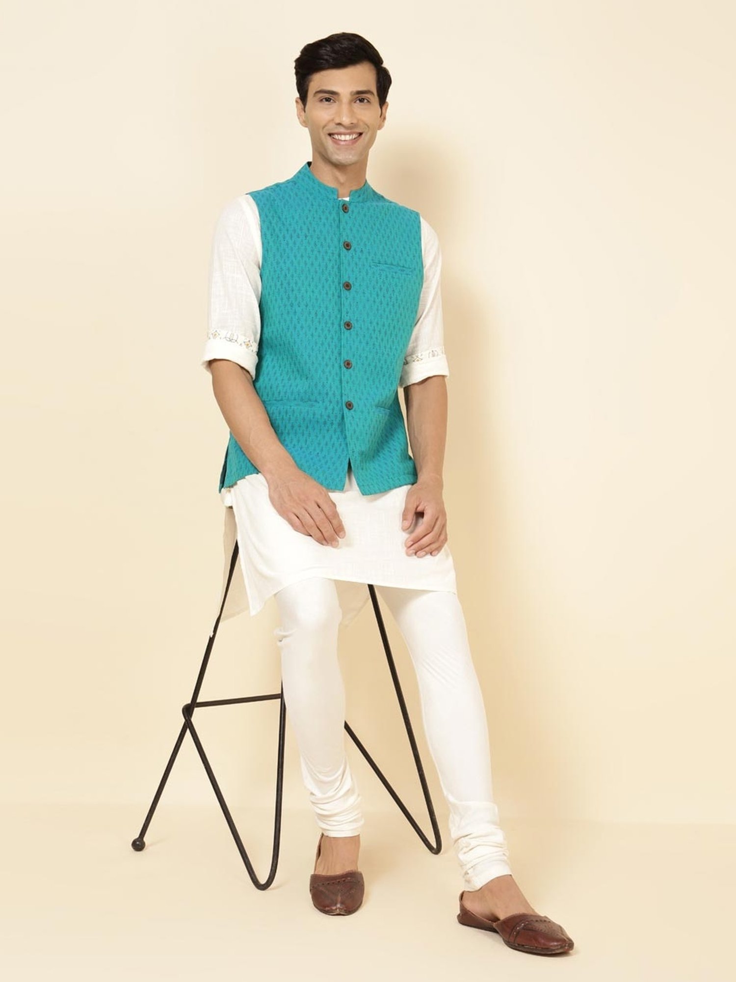 Fabindia Teal Cotton Regular Fit Printed Nehru Jacket