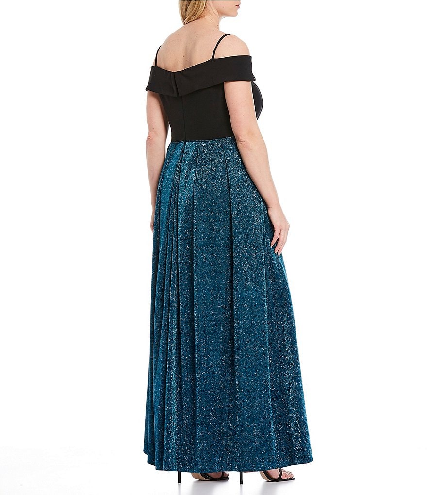 Morgan & Co. Plus Off-the-Shoulder Cap-Sleeve Shimmer Metallic Long Dress