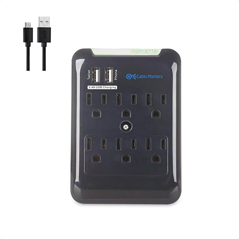 6 Outlet Wall Mount Surge Protector with USB Charging in Black (Updated Version with Dimmed LED Light)
