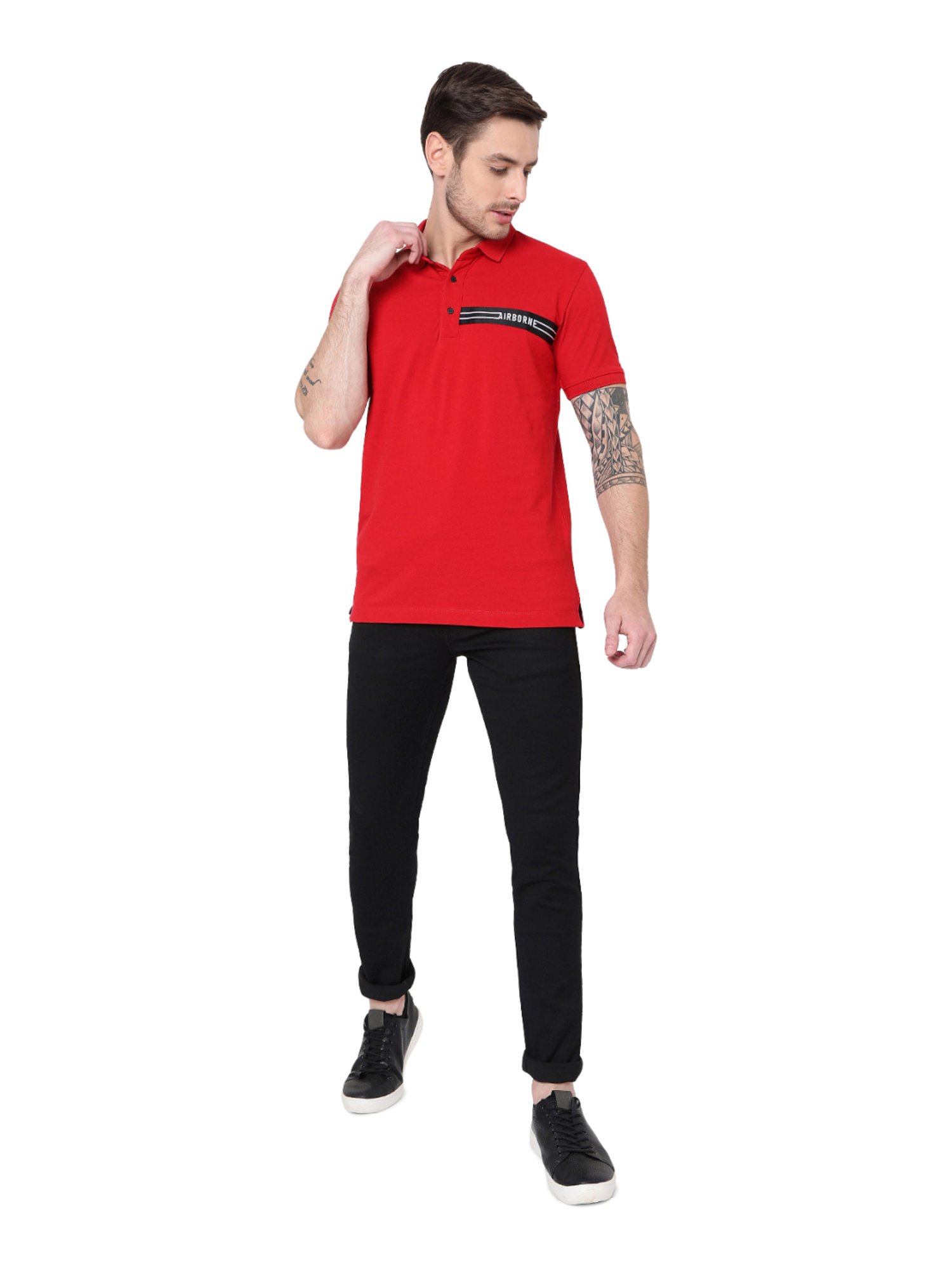 Mufti Red Cotton Slim Fit Self Pattern Polo T-Shirt