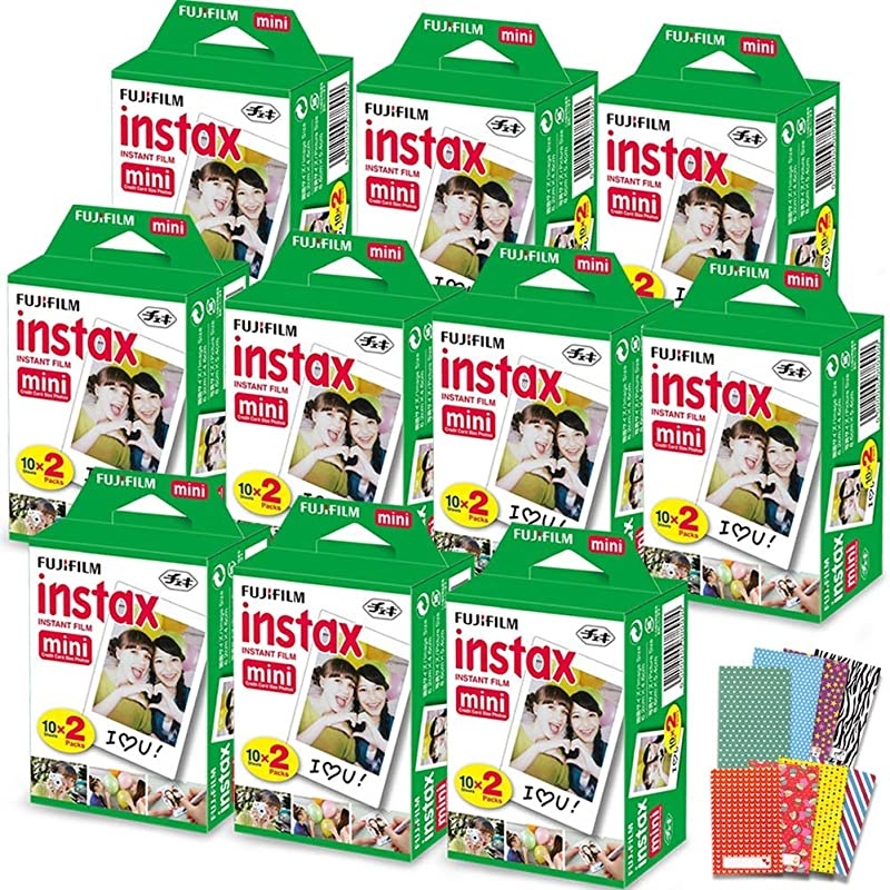 Instax Mini Instant Film 10 Pack (10 x 20) 200 Photo Sheets + 240 Assorted Colorful Mini Photo Stickers for  Instax Mini 11, 9 and 8 Camera, Polaroid Film