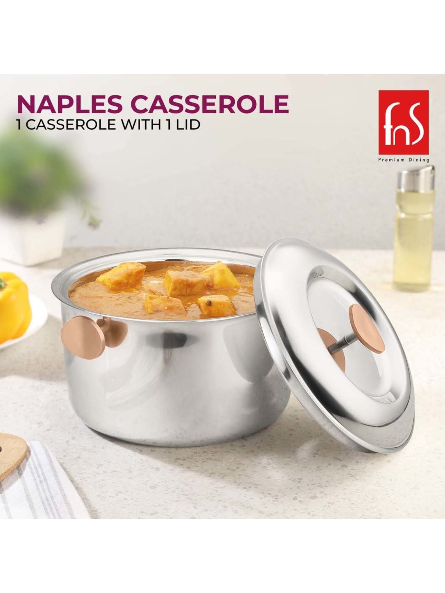 FnS Naples Silver Stainless Steel Casserole With Lid (2.2 L)
