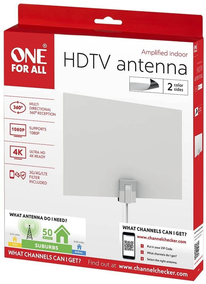 One For All Amplified HDTV Antenna for 1080P 4K Free TV Channels, 50 Miles Long Reception Range, External Signal Booster and 10ft Coax Cable Included, Thin Dual Color Design White/Black, Model 14541