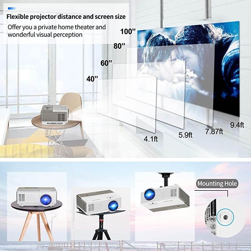 Projector with WiFi BluetoothOutdoor Movie Projector Support 1080p HDMI USB Airplay for Home Theater System TV Box DVD Player PS4 Laptop AV