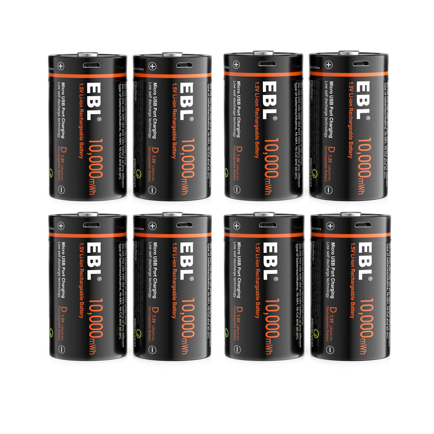 EBL USB Rechargeable D Batteries 10000mWh 1.5V Long Lasting D Cell Li-ion Battery for Flashlights, Baby Monitor (8 Pack)