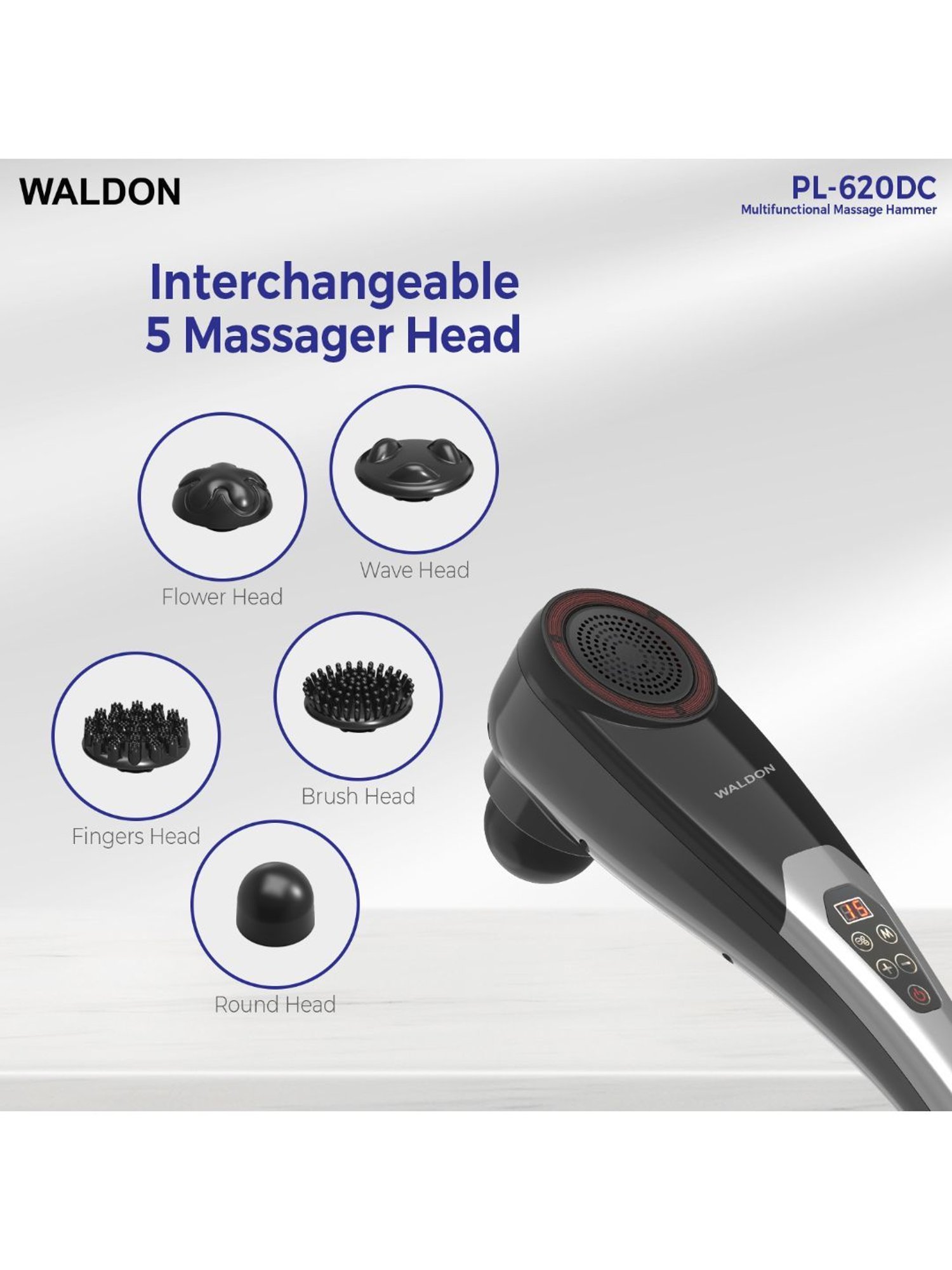 Waldon PL-620DC Wireless Handheld Full Body Hammer Massager with 5 Massage Heads (Black and Grey)