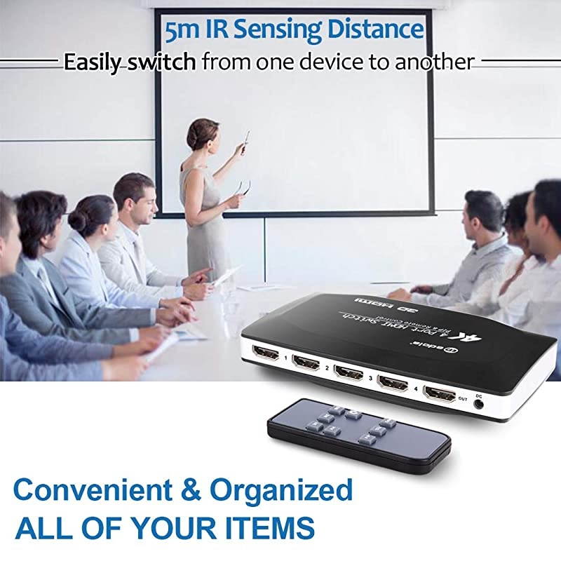 4 Port HDMI Switch,  4x1 HDMI Switch Hub Port 4 in 1 Out Vertical HDMI Switcher with PIP and IR Wireless Remote Control Supports 4K x 2K, 1080P, 3D, Compatible with Xbox/PS4/Apple/Fire TV