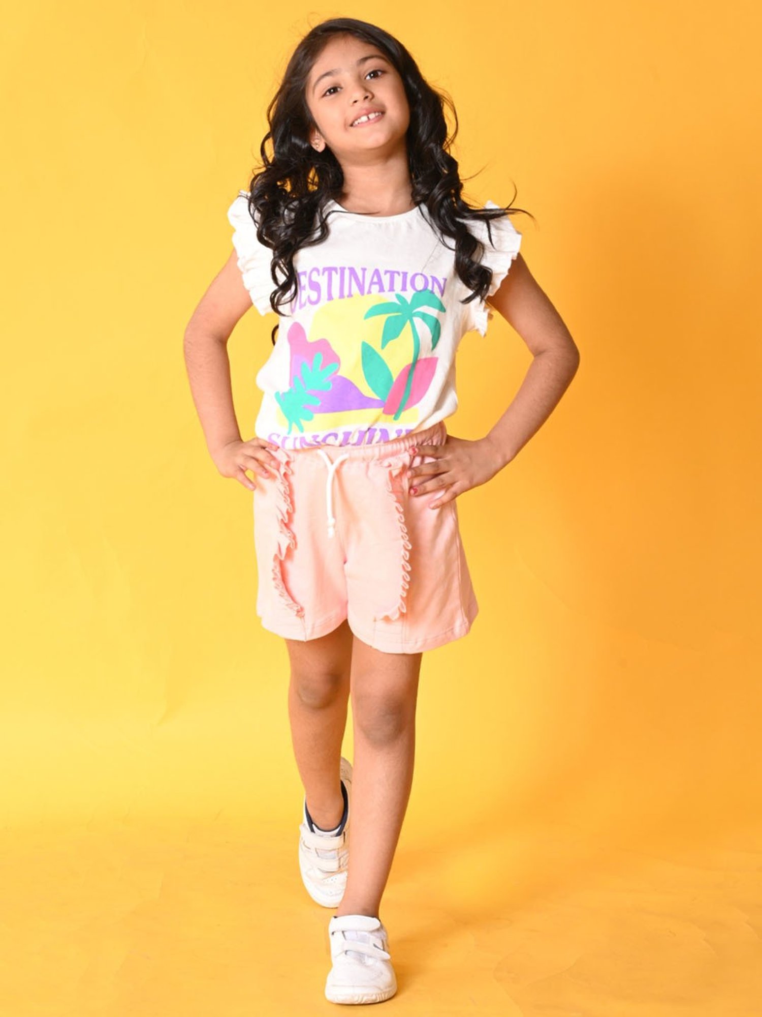 Anthrilo Kids White & Pink Cotton Printed T-Shirt Set