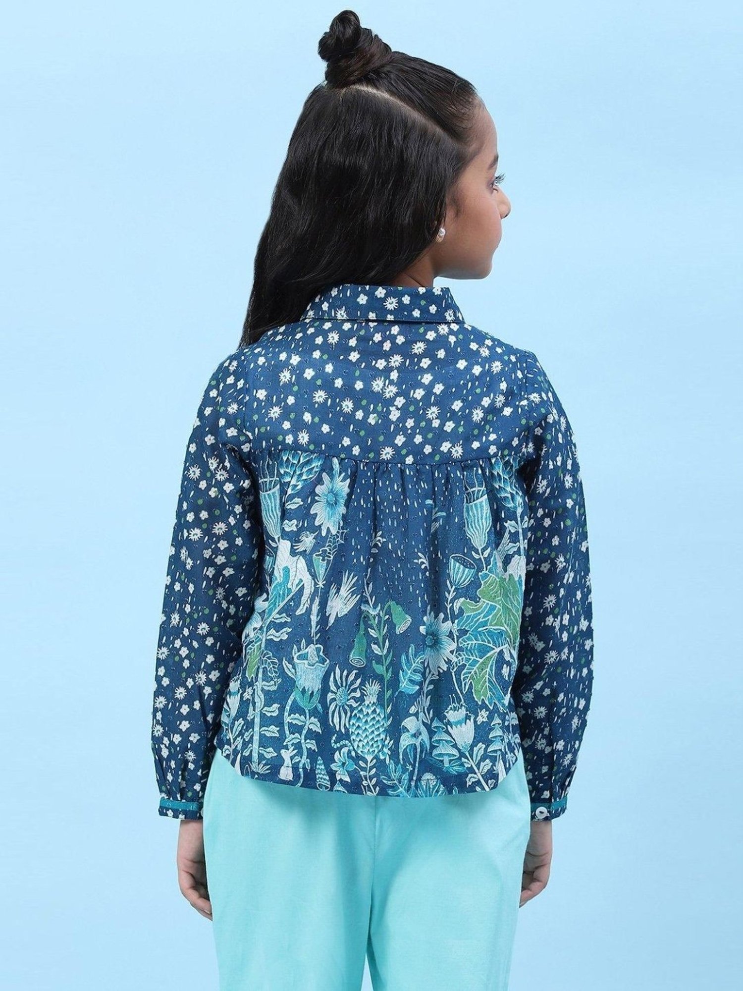 Biba Kids Blue Cotton Floral Print Full Sleeves Shirt