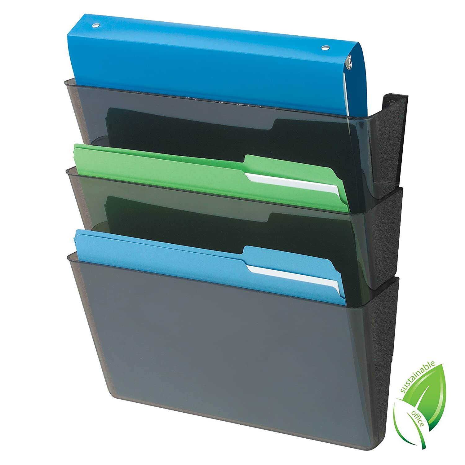 Deflecto 93604 Sustainable Office DocuPocket, Recycled Content, Wall File Organizer, Stackable, Letter Size, Black, Set of 3, 13"W x 7"H x 4"D