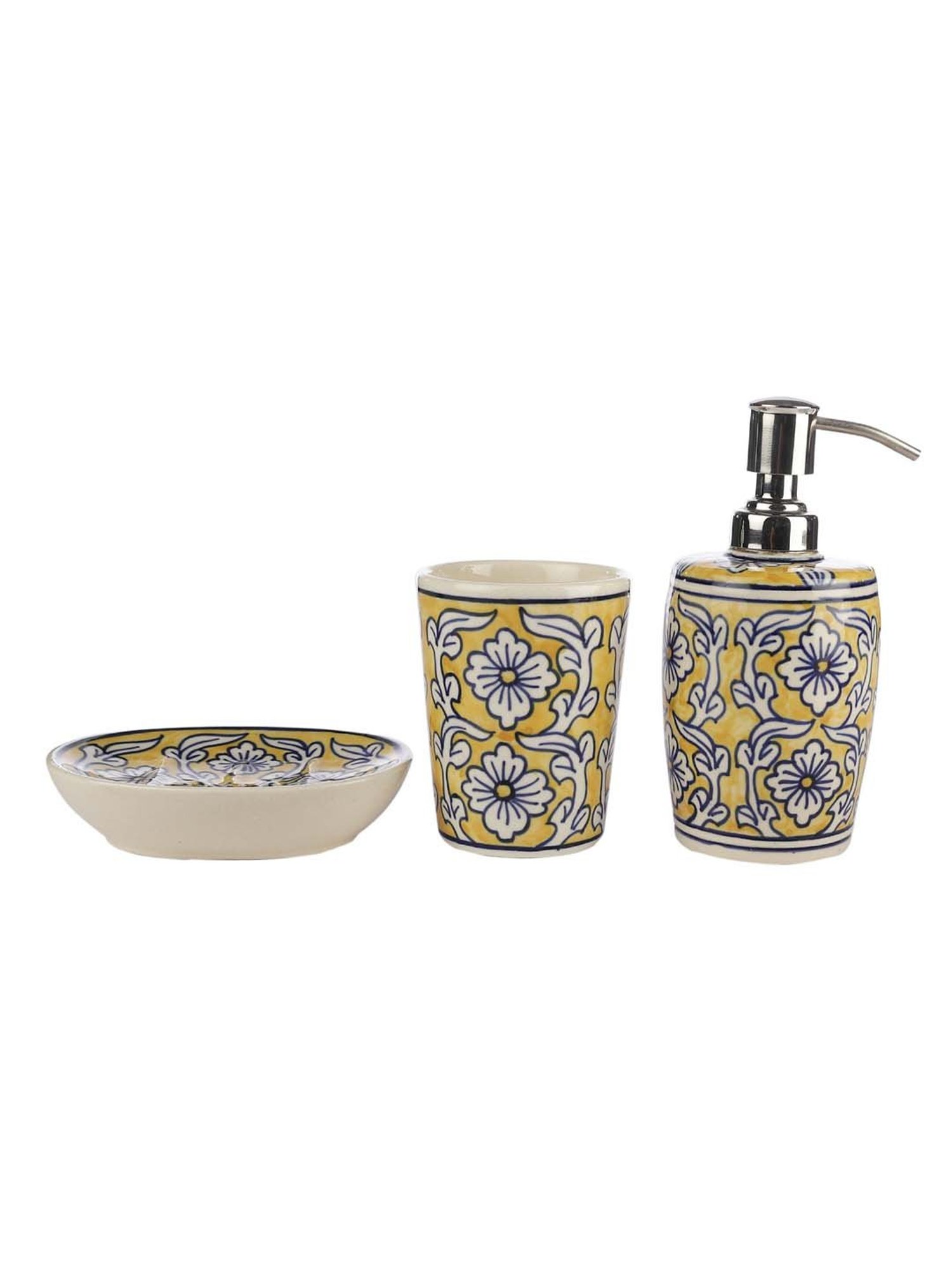 VarEesha Manohar Yellow & White Ceramic Bath Accessories - Set of 3
