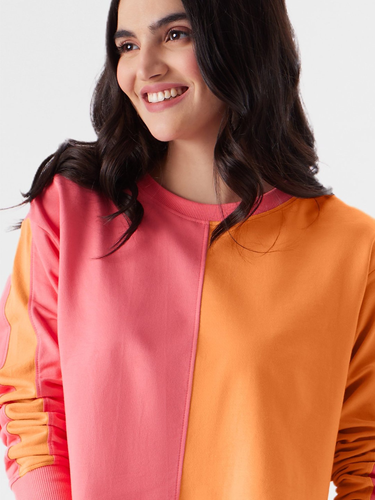 The Souled Store Orange & Pink Cotton Color-Block Crop T-Shirt