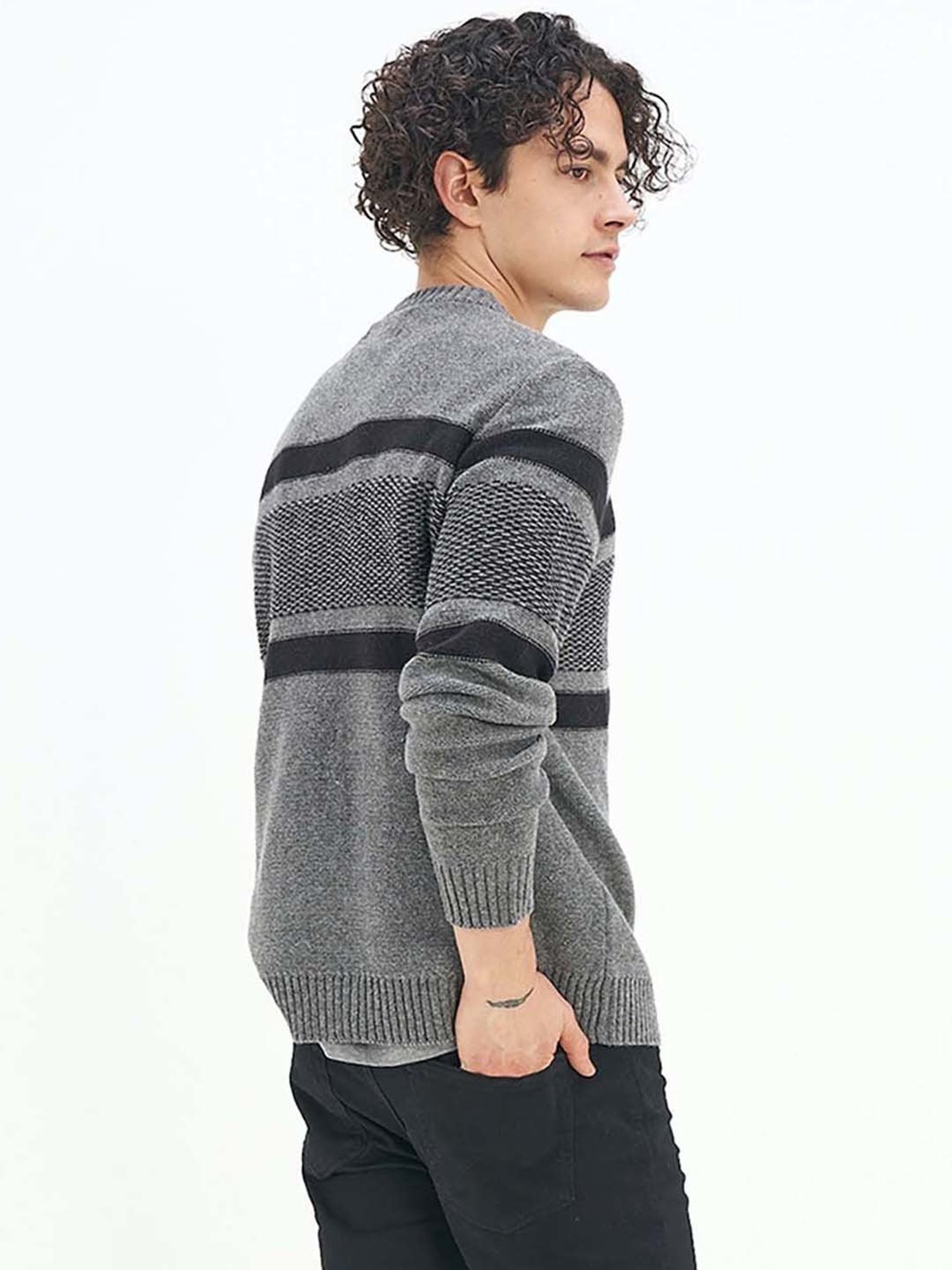 American Eagle Grey Regular Fit Striped Sweater