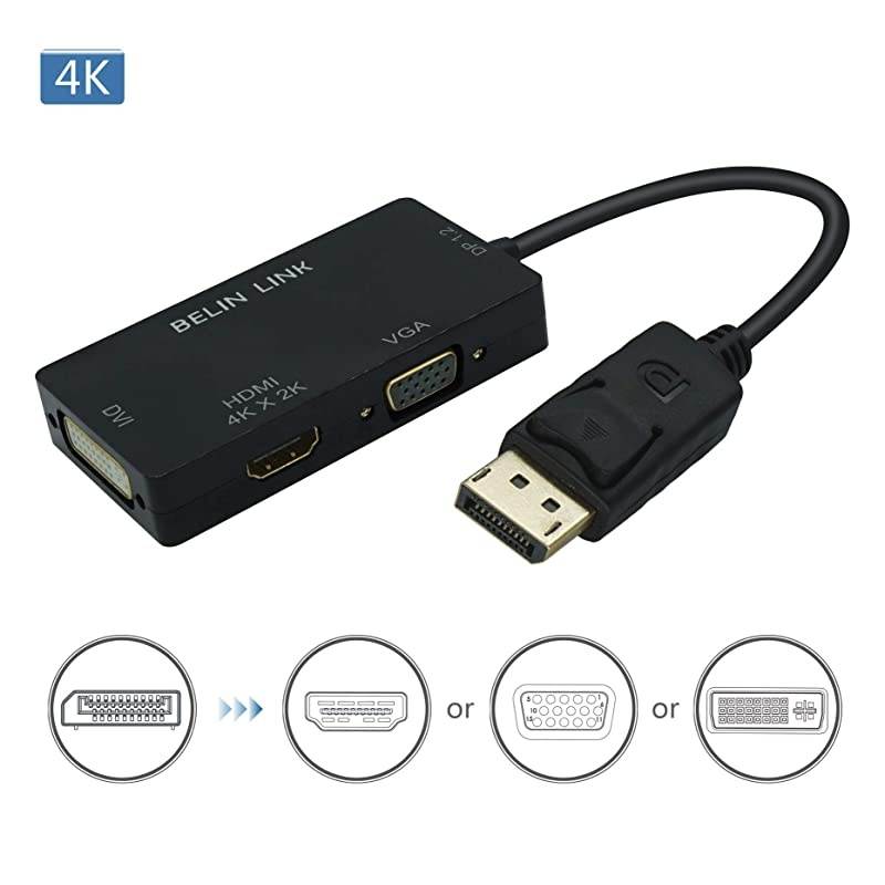 to HDMI VGA DVI Adapter Displayport to HDMI 4K Adapter 3 in 1 Display Port to HDMI VGA DVI Converter Male to Female Gold-Plated (Diamond Shaped) (4K Rectangle Black)