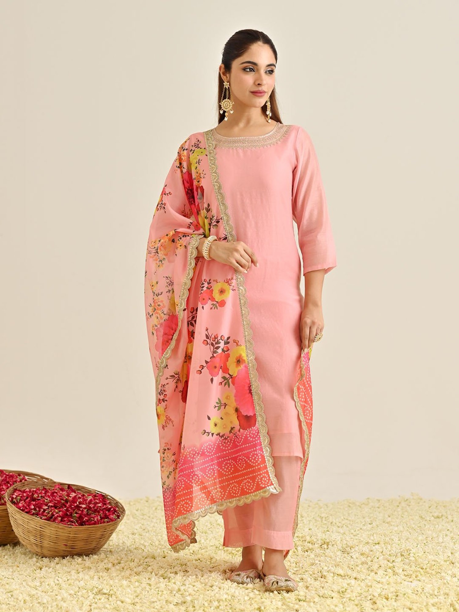 Rustorange Pink Embroidered Kurta With Pant & Dupatta