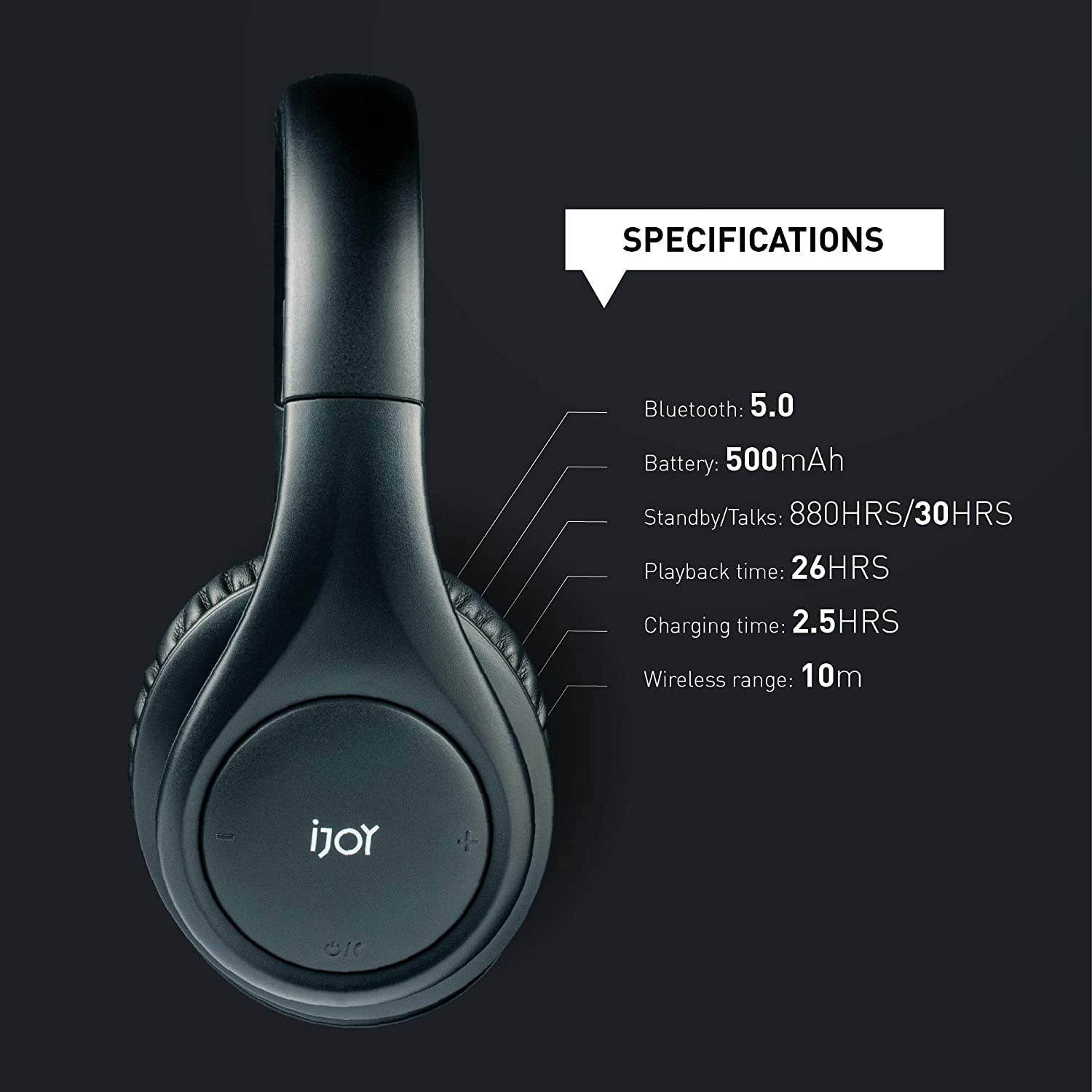 iJoy ISO Bluetooth 5.0 Wireless Over Ear Foldable Stereo Headphones with 30 Hours Battery and Built-in Microphone, Matte Black