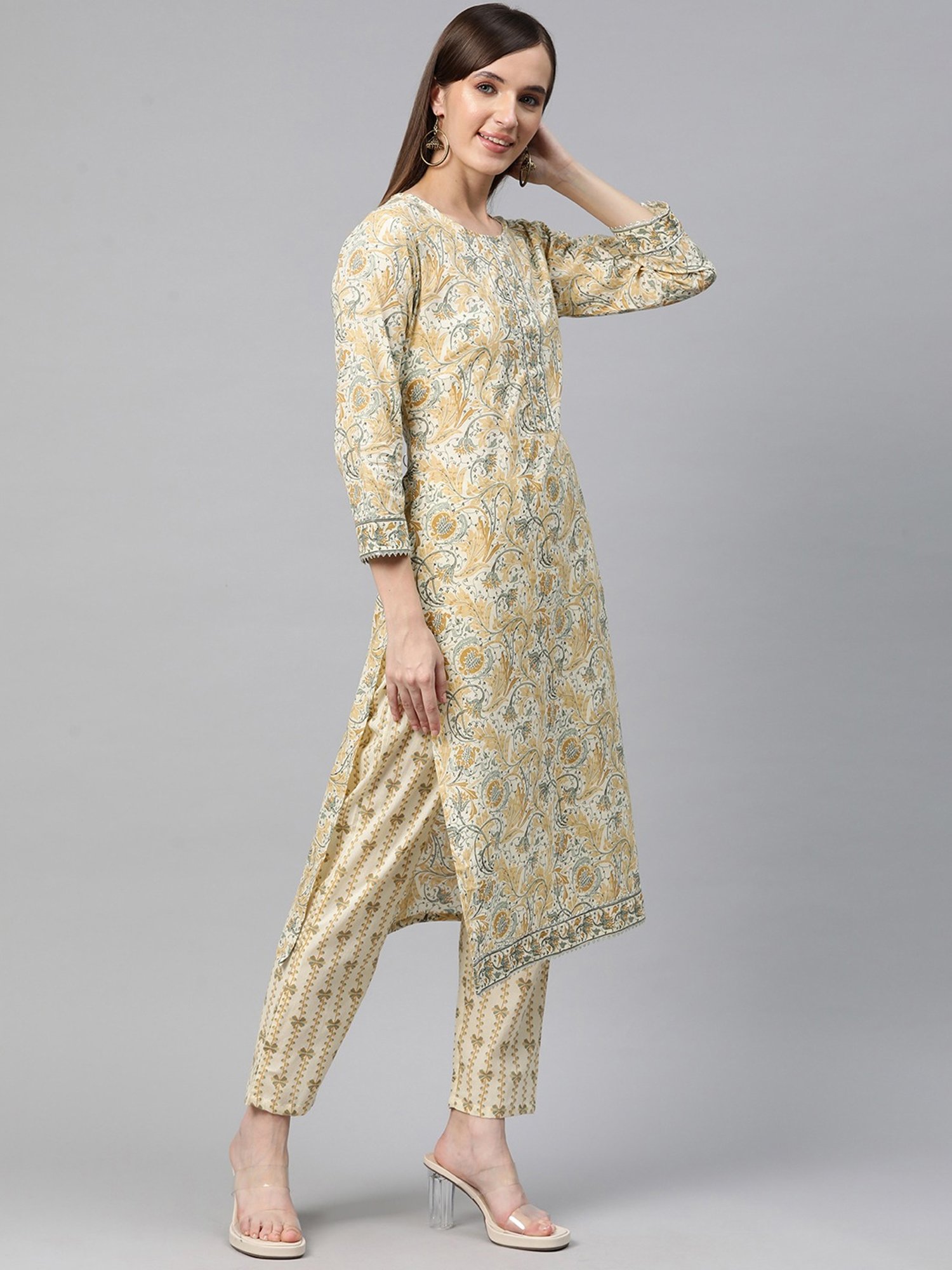 READIPRINT FASHIONS Beige Cotton Floral Print Kurta Pant Set