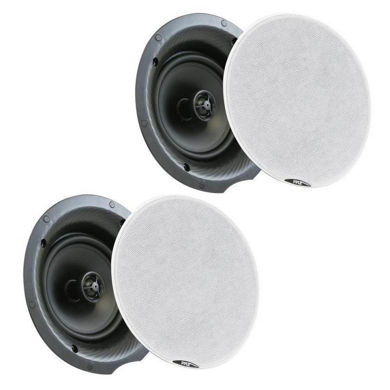 Pyle Audio PDICBT87 8 Inch 400 Watt Bluetooth Flush Mount Ceiling Wall Speaker System with White Metal Grills for Home Theater Sound Audio (2 Pack)