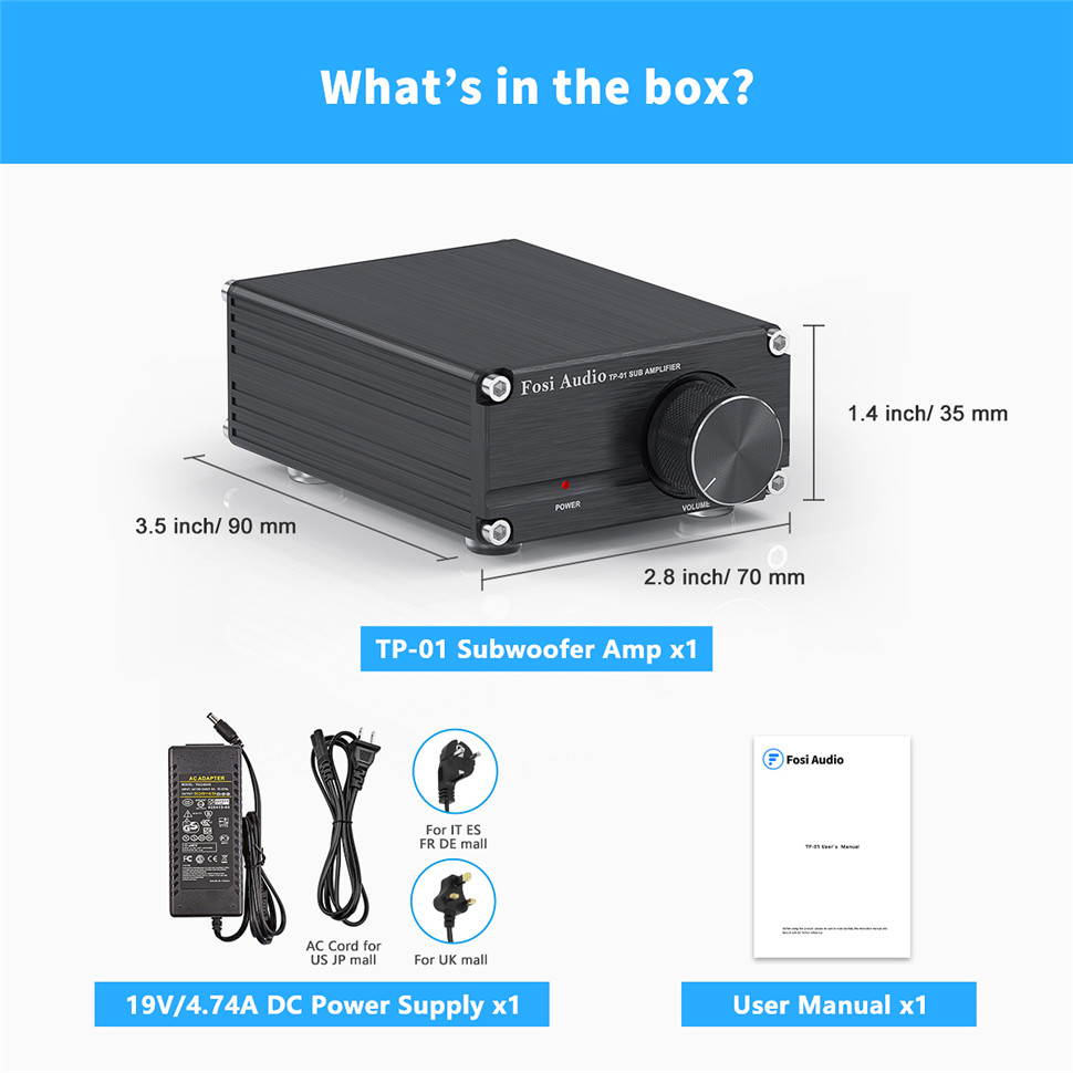 Subwoofer Amplifier Receiver 100Watt Mini Hi-Fi Digital Class D Integrated Stereo Audio Amp for Sub Bass + Power Supply TP-01