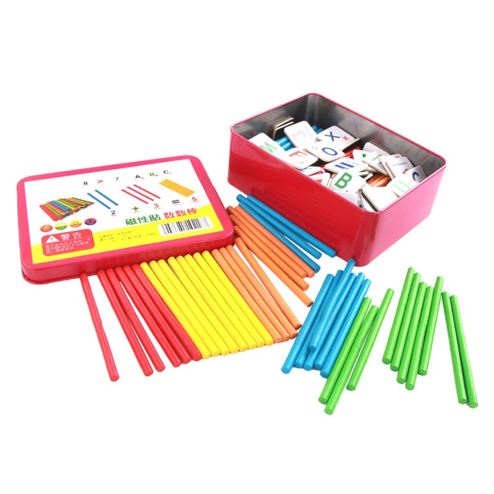 Children's Arithmetic Stick Wooden Counting Sticks Rods Early Educational Toy with a Metal Storage Box for Kids Toddlers Preschoolers