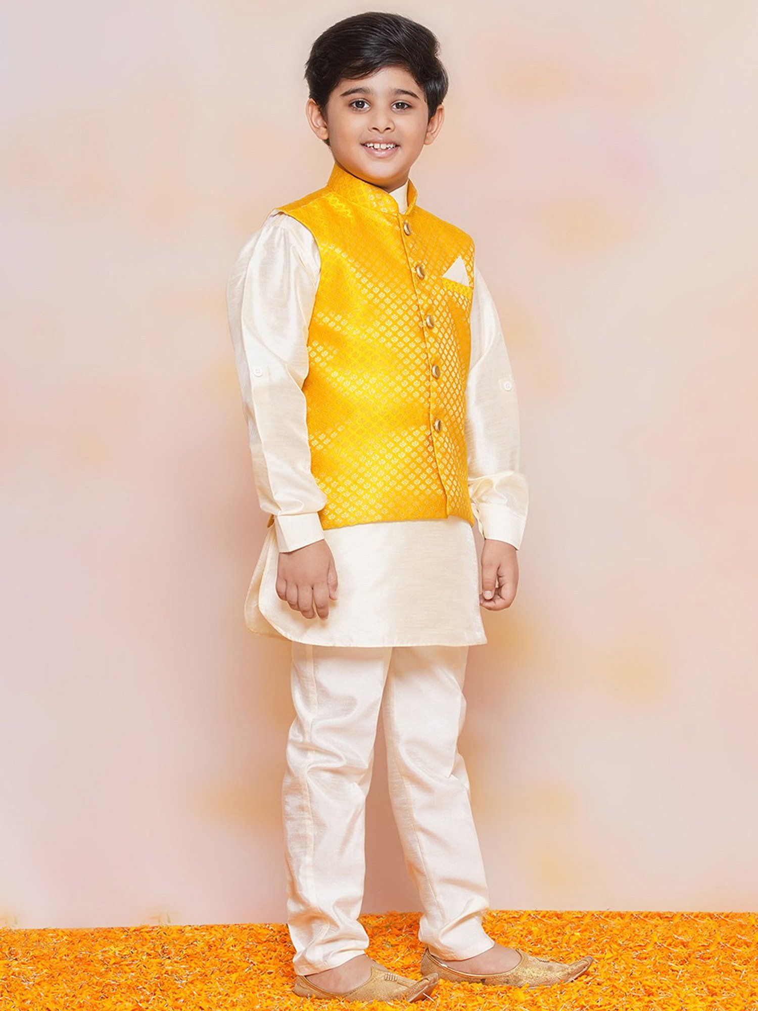 AJ Dezines Kids Mustard & White Printed Full Sleeves Kurta, Pyjamas with Waistcoat