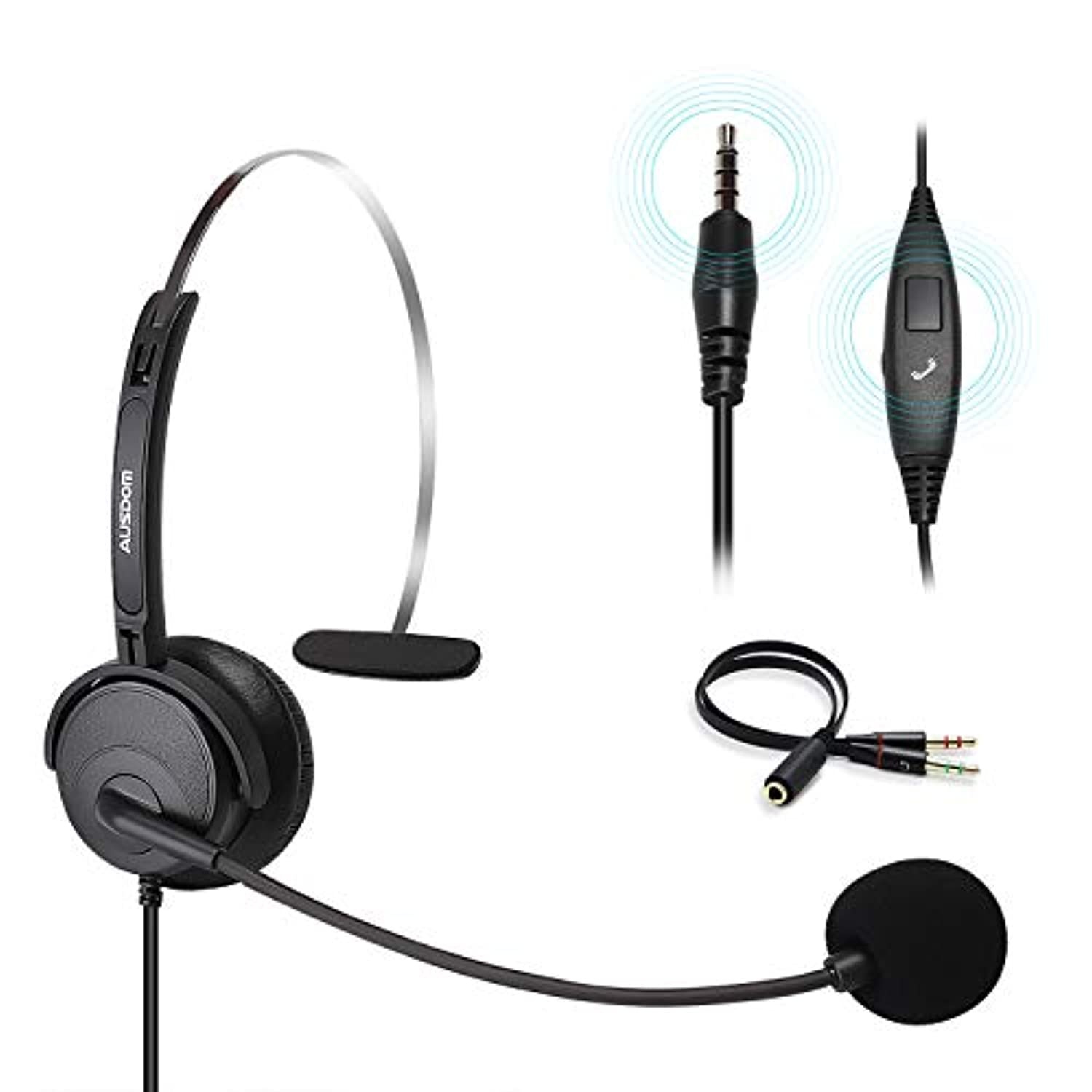 Business Headset with Noise Cancelling Mic, Ausdom BH01 3.5mm Wired Single-Sided Cell Phone Headset with Volume Control and Siri for Laptop Computer MAC PC iPhone Samsung Call Center Home Office