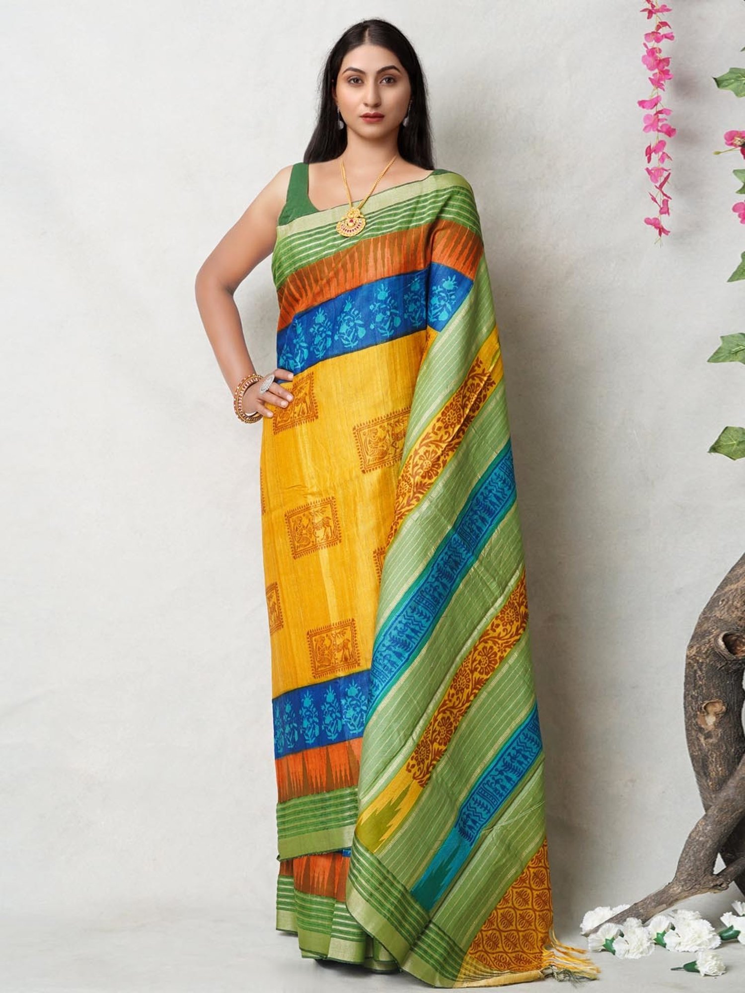 Unnati Silks Yellow Silk Printed Saree With Unstitched Blouse