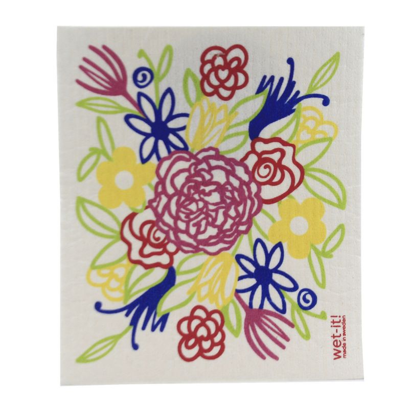 Swedish Dish Cloth 7.75" Flower Bouquet & Blue Dots Abosorbant Cleaning Cloth  -  Dish Cloth