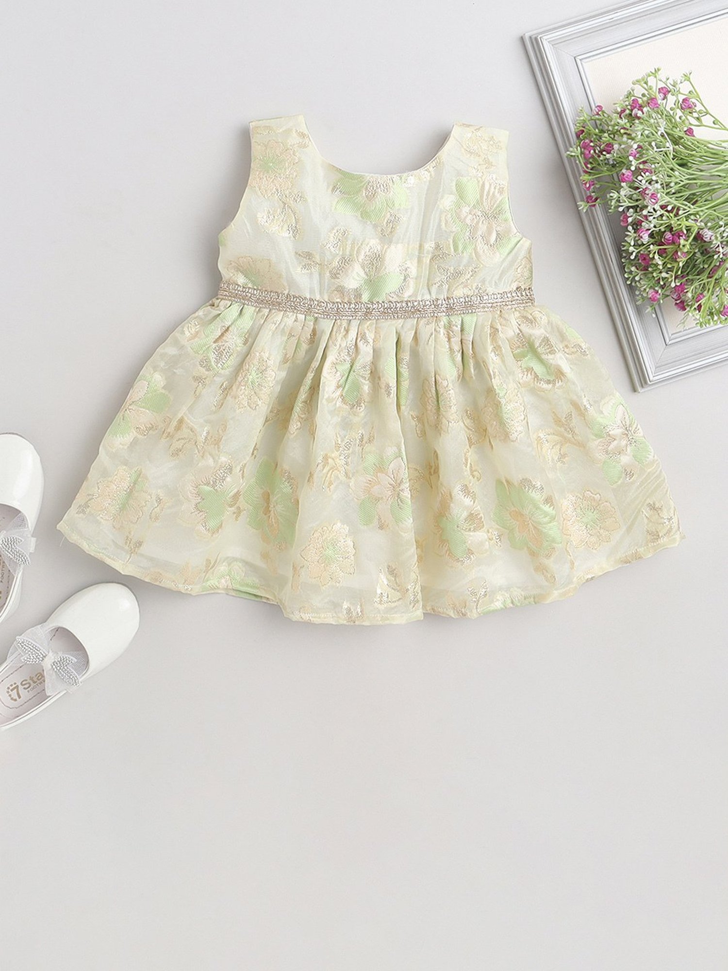 Many Frocks Kids Green Embellished Dress