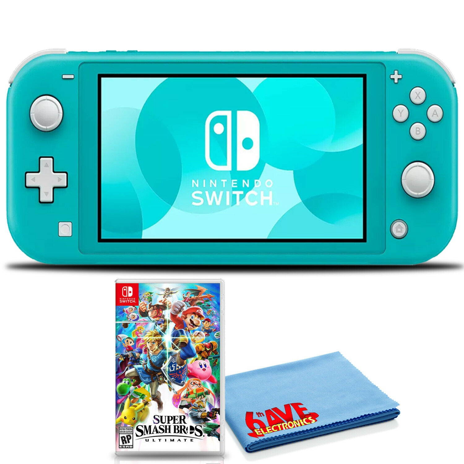 Nintendo Switch Lite (Turquoise) With Super Smash Bros + 6Ave Cleaning Cloth
