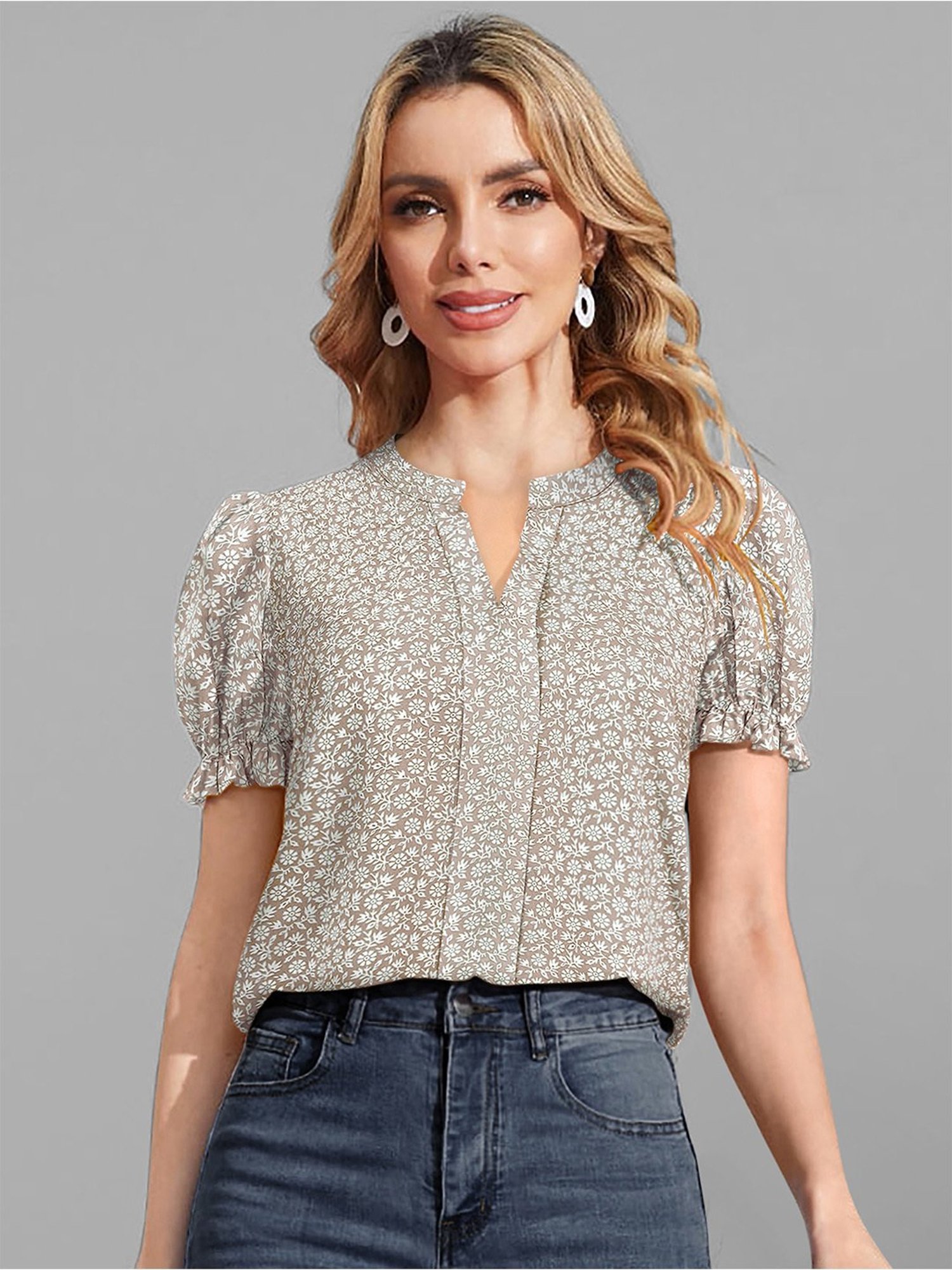 KERI PERRY Beige Floral Print Top
