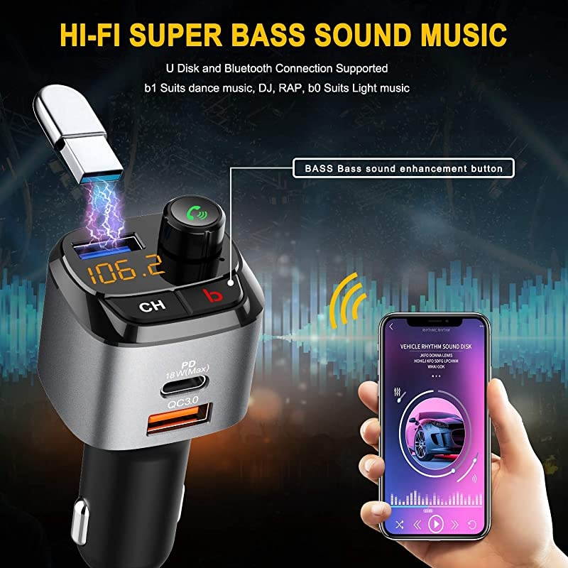 Bluetooth 50 FM Transmitter for Car QC30+TypeC PD 18W Wireless Bluetooth FM Radio Adapter Bass Sound Music Player FM Car Kit with Handsfree Calling and 3 USB Ports Charger Support USB Drive