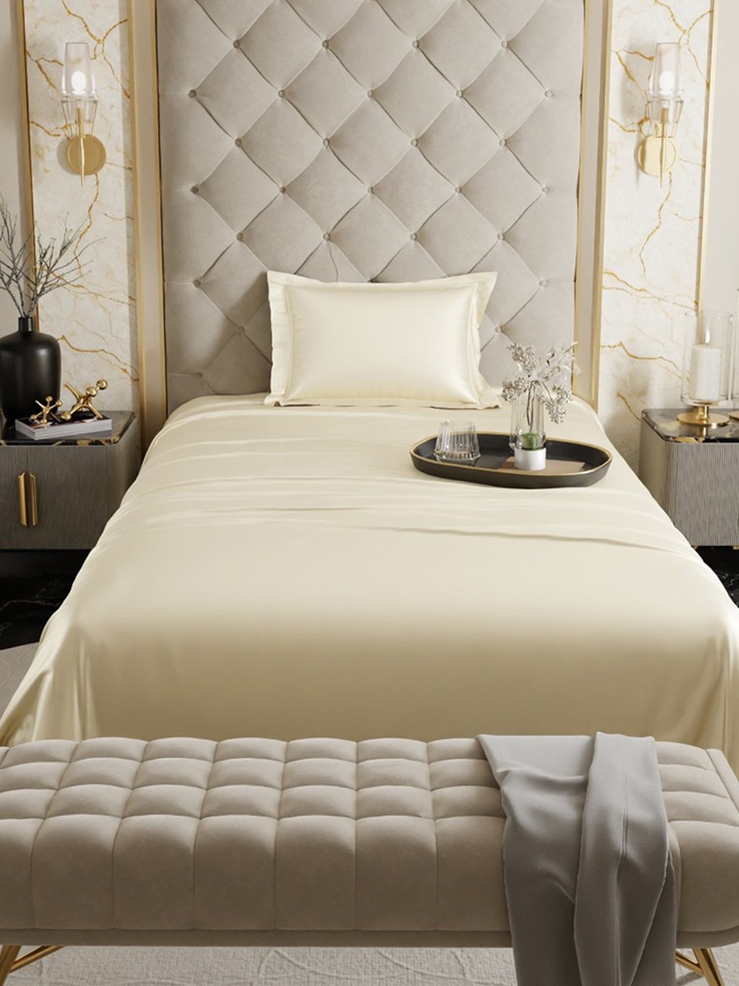 Stoa Paris Ivory Polyester 300 TC Date Night Single Bedsheet With Pillow Cover